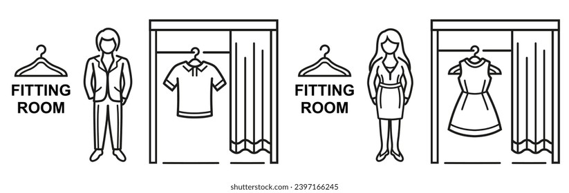 Fitting changing room for man, woman, public dressing cabin fashion store line icon. Male and female person try clothing in shop. Buy t-shirt, dress in shopping mall. Wardrobe clothes hanger. Vector 