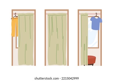Fitting or changing rooms for trying on clothes, shop or store interior. Place for women to look at outfit, small chair and hangers. Vector in flat cartoon style