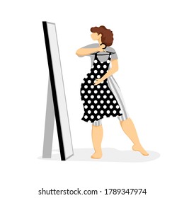 fitting clothes. vector image of a woman trying on a dress in front of a mirror