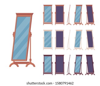 Fitting floor mirror, full-length dressing room or bedroom standing decorative element in a classic wooden design. Full body horizontal Vector flat style cartoon illustration, different view and color