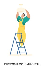 Fitting lamps and interior shades. Man in uniform screwing chandelier to ceiling. Professional electrician for wiring replacement and restoration. Mobile ladder. Vector flat illustration