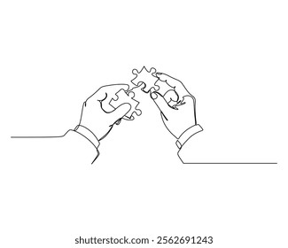 Fitting puzzle pieces together, symbolizing problem solving, collaboration, and finding solutions by connecting different parts. Minimalistic and conceptual art in business and finance illustration