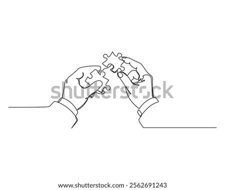 Fitting puzzle pieces together, symbolizing problem solving, collaboration, and finding solutions by connecting different parts. Minimalistic and conceptual art in business and finance illustration