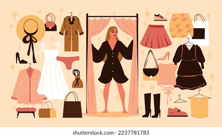 Sala de estar gran set con una joven linda mujer en cuarto de montaje y kit de ropa y accesorios ilustración vectorial plana