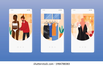 Fitting room. Fashion industry, show business. Mobile app screens, vector website banner template. UI, web site design.