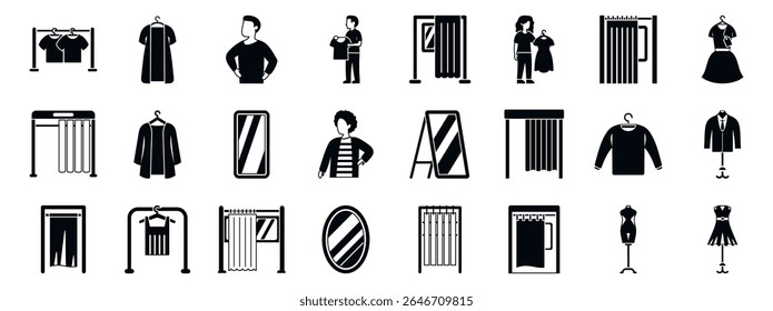 Fitting room icons set. Fashion designers showing new clothes collection to customers in a showroom or atelier