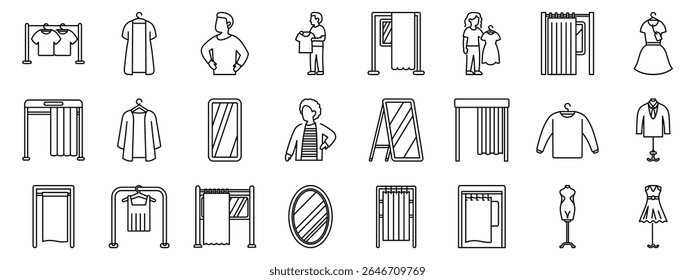 Ícones da sala de ajuste definidos. Ícones de linha representando clientes experimentando em roupas, espelhos, salas de prova, manequins e cabides