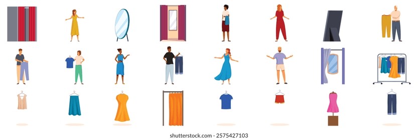 Fitting room icons set. People are shopping for clothes, trying on dresses, shirts, pants, using fitting rooms and mirrors in a clothing store