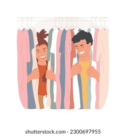 Fitting room isolated cartoon vector illustration. Young couple trying on clothes, teens in shopping mall, having fun in fitting room, first love, teens communication vector cartoon.