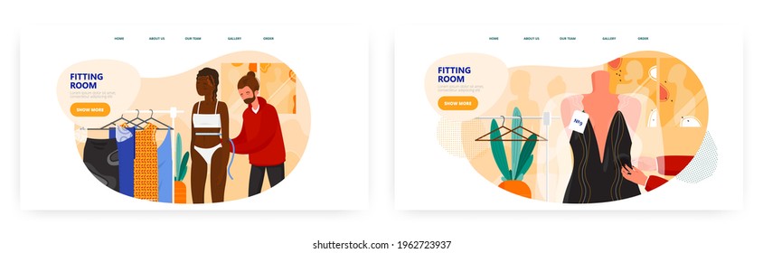 Fitting Room Landing Page Design, Website-Banner Vektorgrafik-Template Set. Kleiderschrank. Modebranche, Showbusiness.