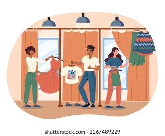 Sala de estar en la tienda. Hombre y mujer con ropa en perchas. Compradores en supermercado o boutique. Los compradores intentan vestirse con camisetas y vestirse en una tienda de ropa. Dibujo vectorial plano de dibujos animados