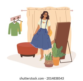 Fitting room, woman trying on dress or skirt, posing in front of mirror, flat cartoon character. Vector lady choose fashion cloth, girl shopper in new look. Shopping lady in clothing store mall