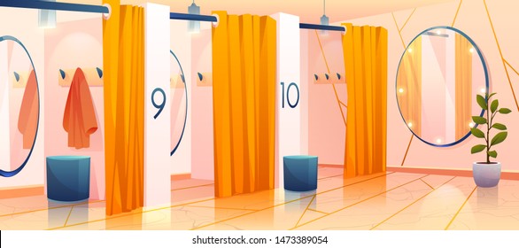 Fitting rooms in store, row of vacant individual dressing cabins with curtains, mirrors and hangers in apparel shopping mall, changeroom interior in fashion department. Cartoon vector illustration