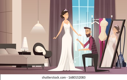 Fitting wedding dress. Dressmaker making dress for beauty bride tailor workshop clothes vector cartoon background