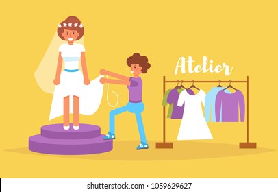 Fitting wedding dress Vector. Cartoon. Isolated art