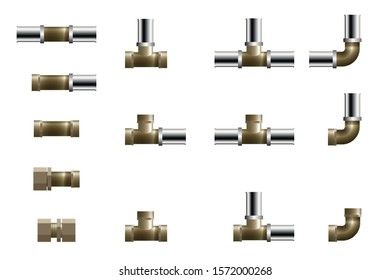 Fittings for polypropylene pipeline. Vector illustration. Set of tee, angle and connector.