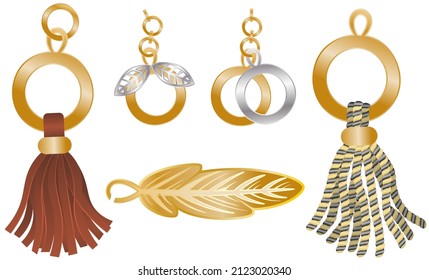 Fittings for women's handbag. Decorative pendant tassel for decorating clothes, curtains or home textiles. Fringe or bag accessory. Gold chain with ring and threads, hanging window curtain decoration