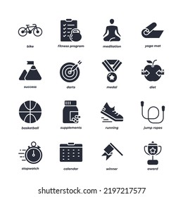 Fittness Vector Icons Set, Modern Solid Symbol Collection, Filled Style Pictogram Pack. Signs, Logo Illustration.