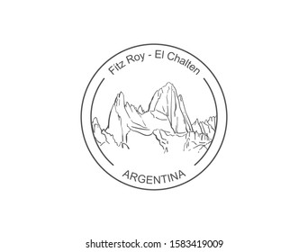 Fitz Roy mountain in Patagonia, Round stamp logo sticker template. Hand drawn vector mountain sketch