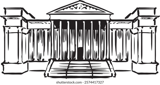 The Fitzwilliam Museum, Cambridge, England black and white ink sketch. Neoclassical architecture with grand portico and ornate columns. Historic landmark illustration. Tourism, travel, and cultural