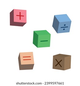 Five 3d colorful math symbols in cube shape. Plus, minus, multiplication, divide and equal symbol. Scientific resources for teachers and students.