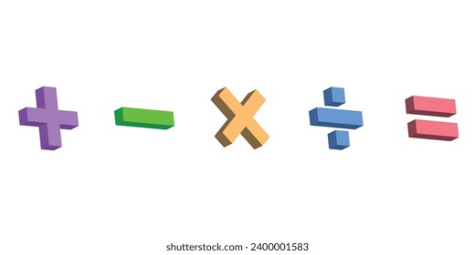 Five 3d colorful math symbols. Plus, minus, multiplication, divide and equal symbol. Scientific resources for teachers and students. Vector illustration isolated on white background.