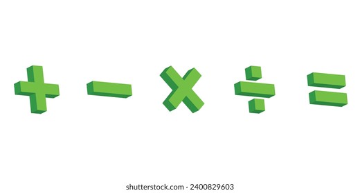 Fünf 3D-farbige Mathesymbole. Plus, minus, Multiplikation, Teilung und gleiches Symbol. Wissenschaftliche Ressourcen für Lehrer und Studenten. Vektorgrafik einzeln auf weißem Hintergrund.