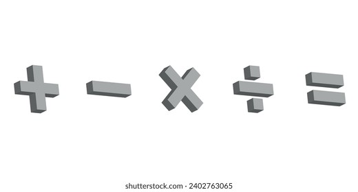 Five 3d colorful math symbols. Plus, minus, multiplication, divide and equal symbol. Scientific resources for teachers and students. Vector illustration isolated on white background.