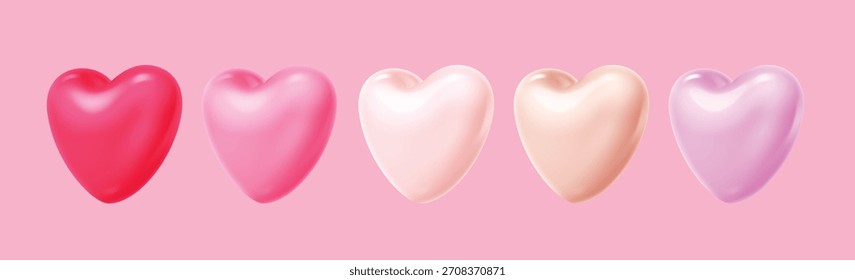 Five 3D glossy hearts in a row with a gradient of pink, beige, and red tones on a solid light pink background. Perfect for Valentine's Day, love, beauty, or wedding design elements.