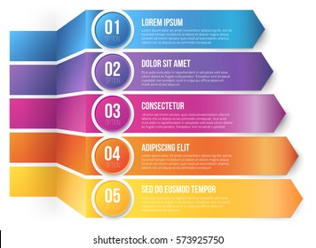 Five 3D looks vector arrows for 5 options, bright different colors vector inphographics template