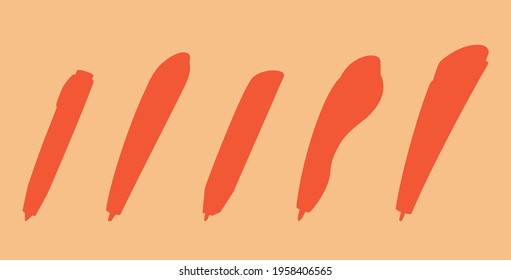 Five 3d pens, isolated silhouettes on light yellow background