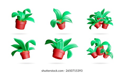 Five 3d rendering green plants in red pots floating. Abstract creative decorative houseplant elements. For home decor or gardening.
