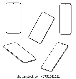 Five 3D Smartphone mockups in different angles, projections. UI modern design. Blank screen, black on white background.