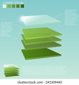 Five 3D Square Layers In Green Colors With Transparent Upper Layer.