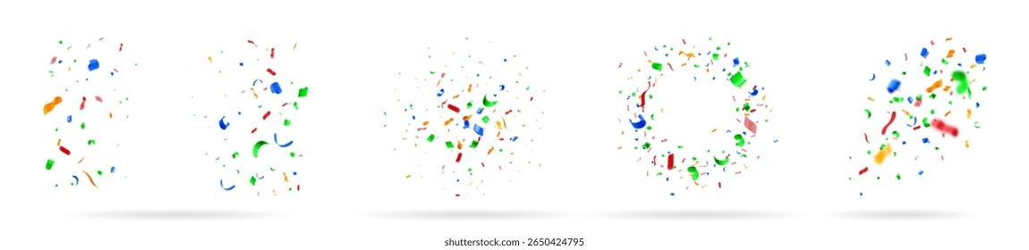 Five 3d vector illustrations of colorful confetti particles. Bright explosion of celebration material for festive design elements.
