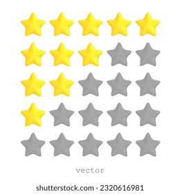 Five 3D vector stars, yellow and grey colors. Customer rating feedback concept. Realistic 3d cartoon ctyle. For web design, ranking of website or mobile applications. Vector illustration isolated on