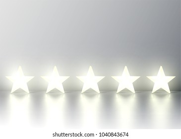 Five 3D yellow glowing star rating on grey background, vector illustration