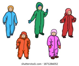 Fünf fünf Kinder. Winterporträt von Kindern, Kind in warmen Kleidung, Bezüge, Jacke und Hose, Schneeanzug, Overalls, Freiflächen.