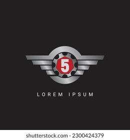 Five 5 with circle initial shield with wings logo design