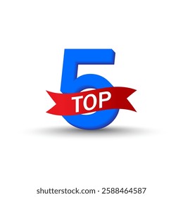 Five 5 shape. Red TOP ribbon. Ranking number concept. Vector bold accent.