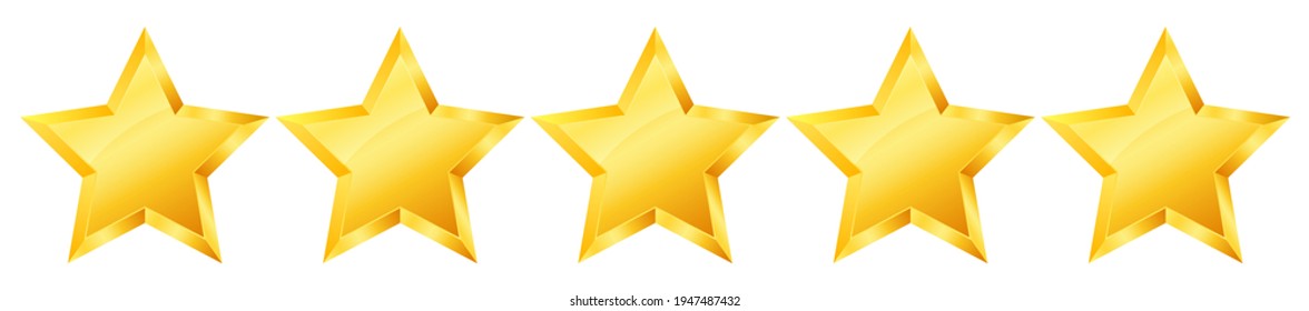 Fünf Fünf-Sterne-Rangliste. Glossy-goldener Sternaufkleber mit Symbol einzeln auf weißem Hintergrund. 3. fünf goldene Sterne-Erfolgssymbol. Vektorgrafik, einzelne Abbildung EPS10