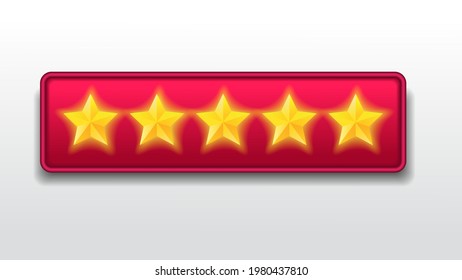 five (5) stars. exelent. satisfied Customer feedback rating sytem. realistic shiny gold stars in front of red rectangle modern vector illustration