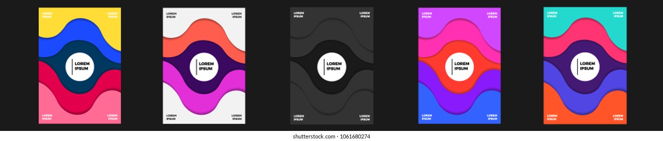 Five A4 design templates with main title or headline and corner text places in colorful variations