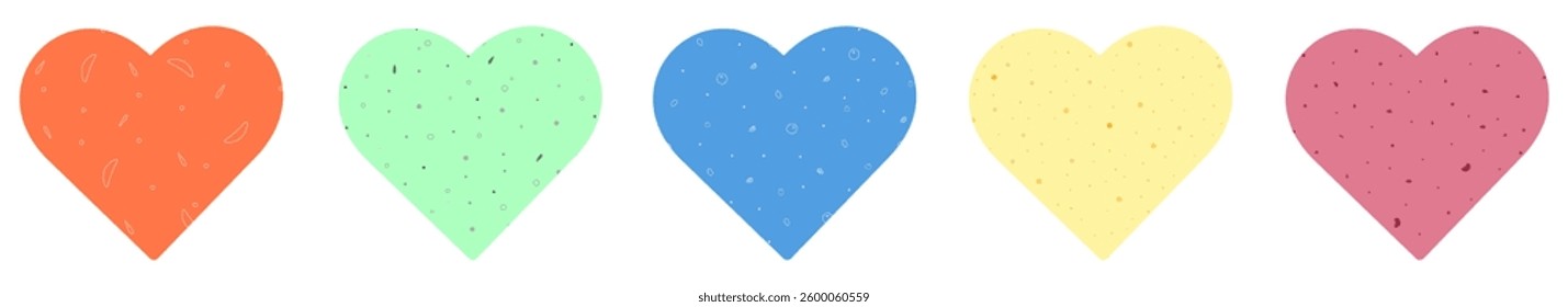 Five abstract backgrounds in  shape of  heart. Orange, green, blue, yellow, pink colors. Spots, peas, dots, abstract shapes on  monochrome background. Set of icons isolated on  white backdrop.