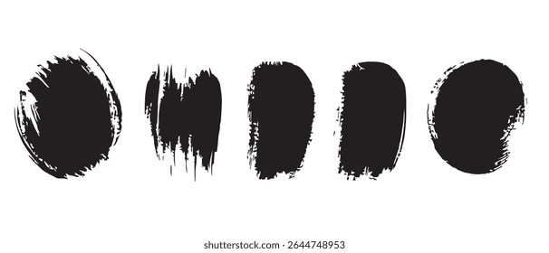 Five Abstract Black Ink Blots on White Background.