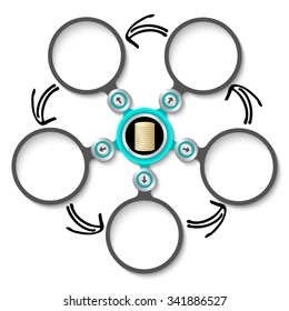 Five abstract circular text boxes and golden coin