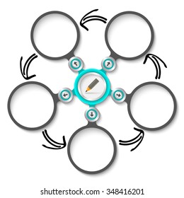 Five abstract circular text boxes and pencil