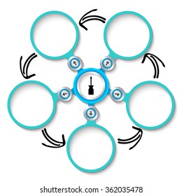 Five abstract circular text boxes and screwdriver
