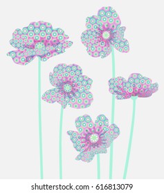 Five abstract flowers on a light gray background