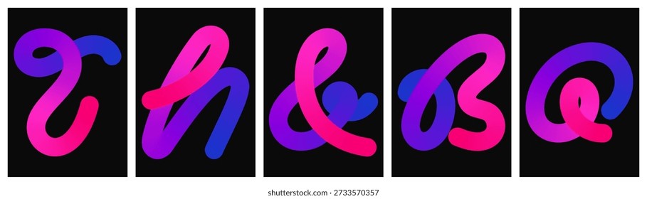 Five abstract neon fluid letters spelling three on black background